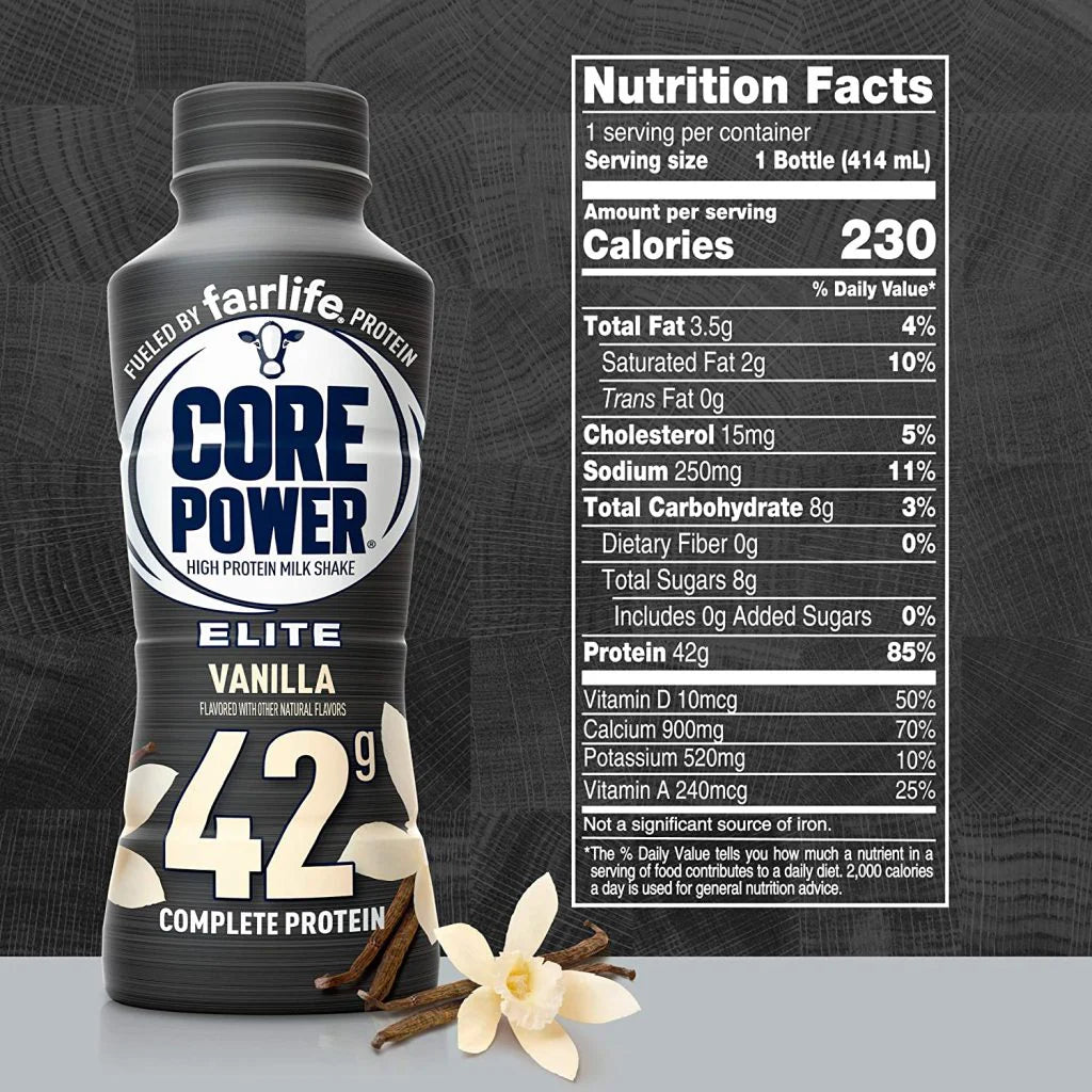 Fairlife Core Power Elite Vanilla 42g protein shake bottle with nutrition facts and vanilla bean.