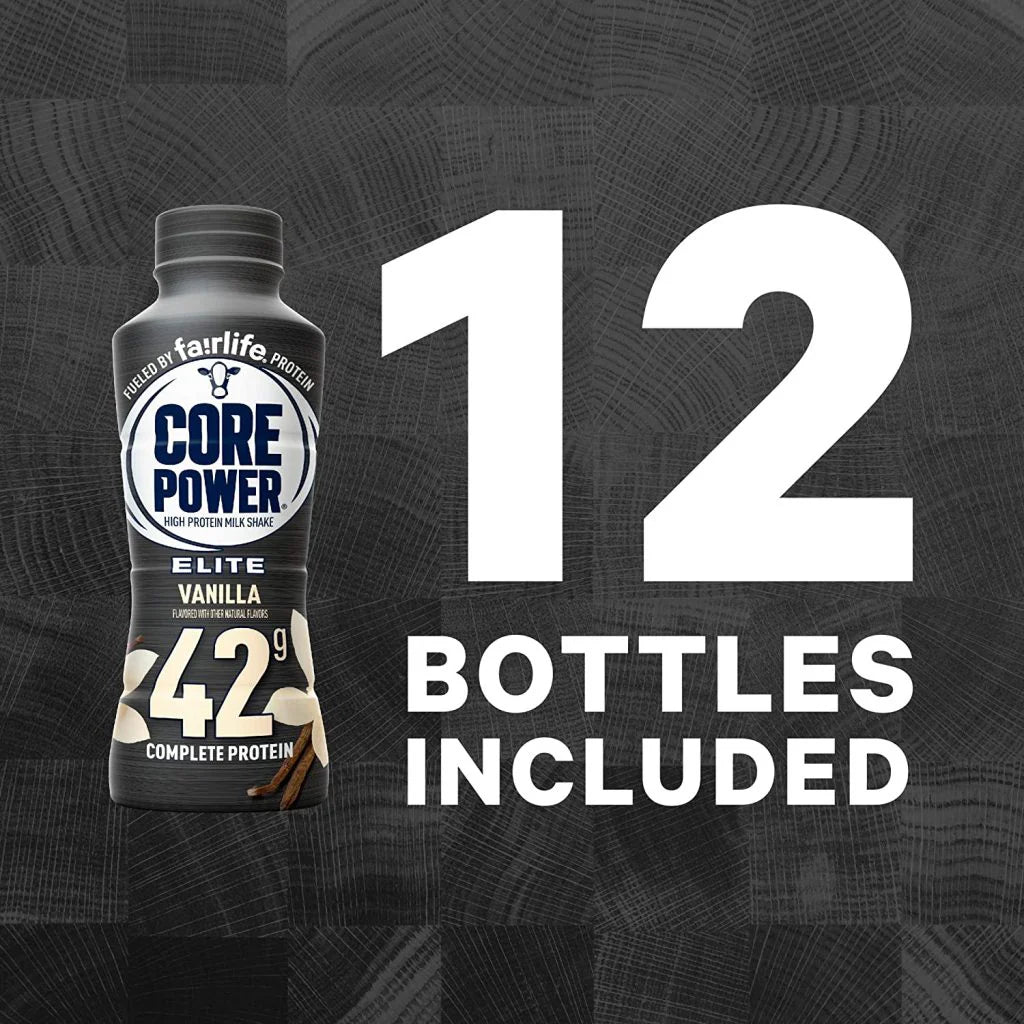 Fairlife Core Power Elite Vanilla 42g protein shake bottle, 12-pack shown.
