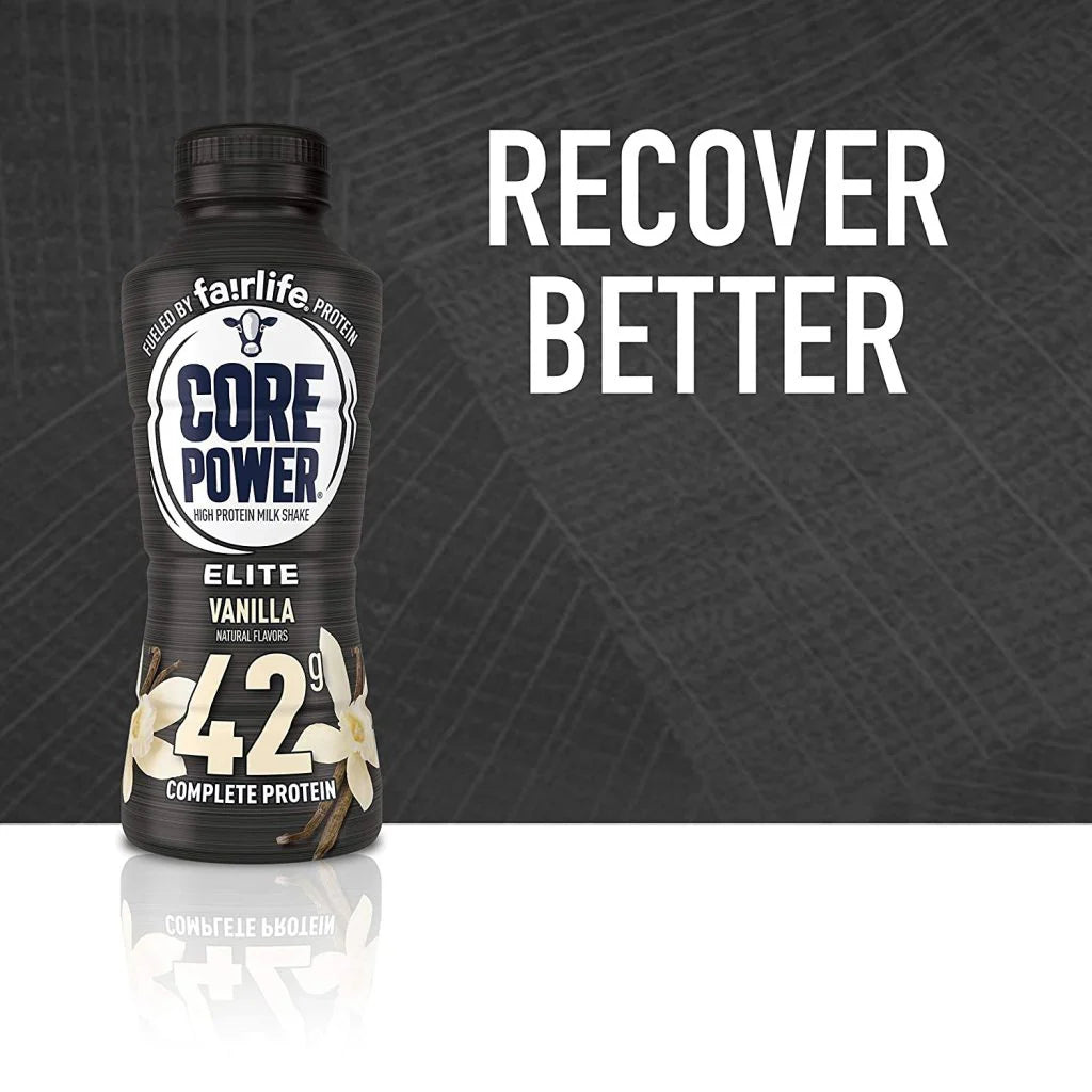 Fairlife Core Power Elite Vanilla protein shake bottle with 42g protein, against a dark background.