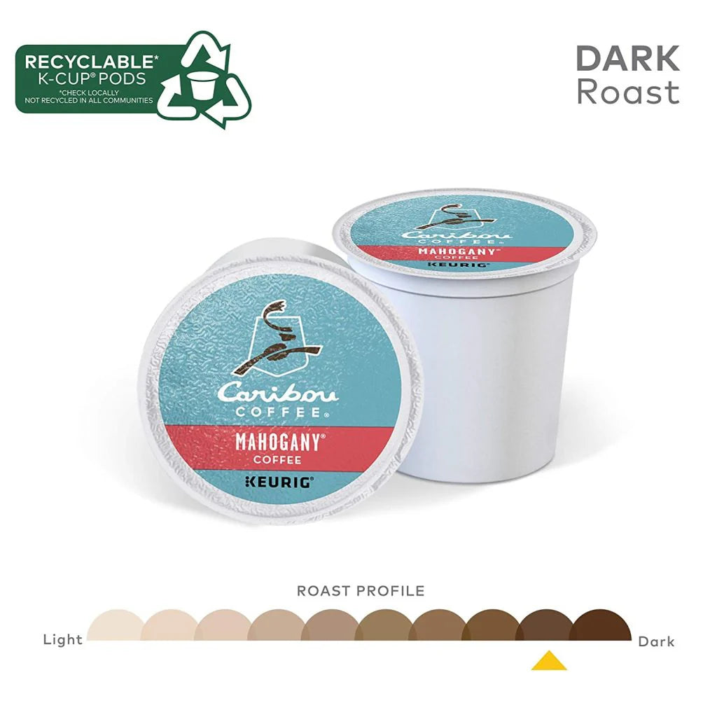Two Caribou Coffee Mahogany Dark Roast K-Cup pods with light blue and red labels.