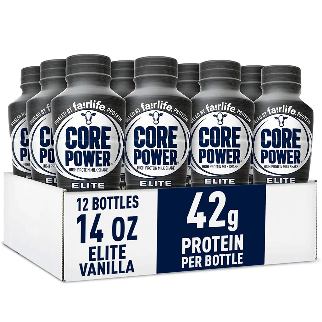 12-pack of Fairlife Core Power Elite Vanilla 14oz protein shakes in a white cardboard box.
