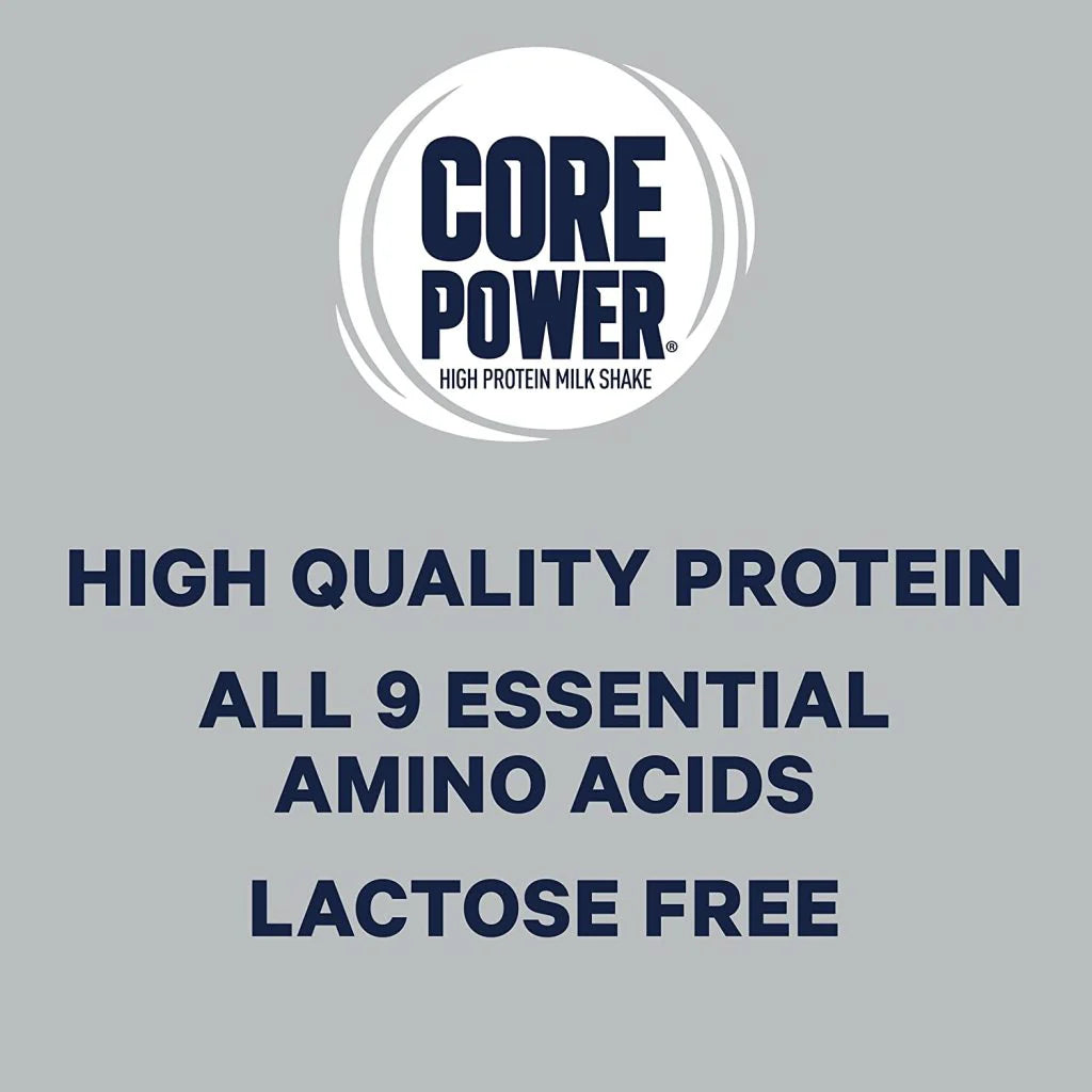Core Power logo with "High Quality Protein," "All 9 Essential Amino Acids," and "Lactose Free" text.