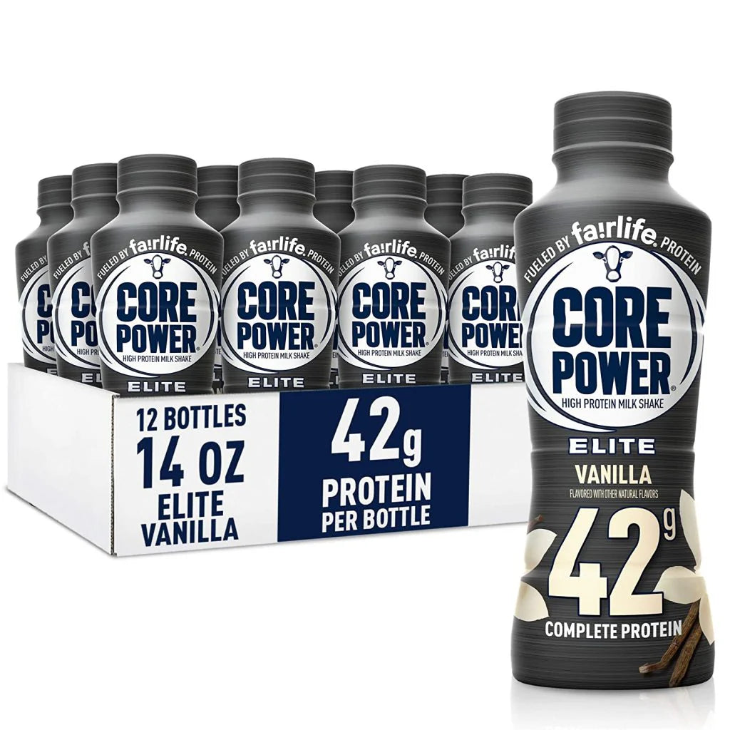 Fairlife Core Power Elite Vanilla high protein shakes, 12-pack, with a single bottle showing vanilla beans.
